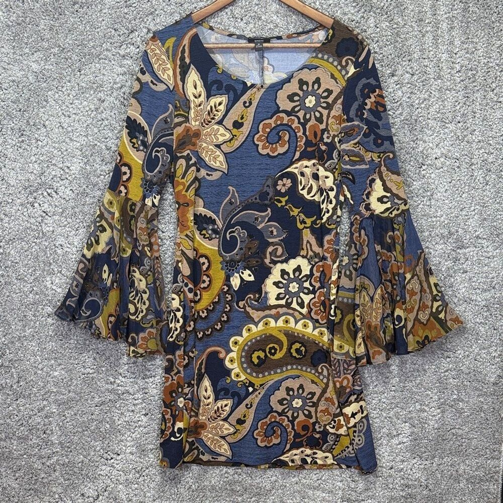 MSK Blue Paisley Midi Dress with Mustard and Brown Accents